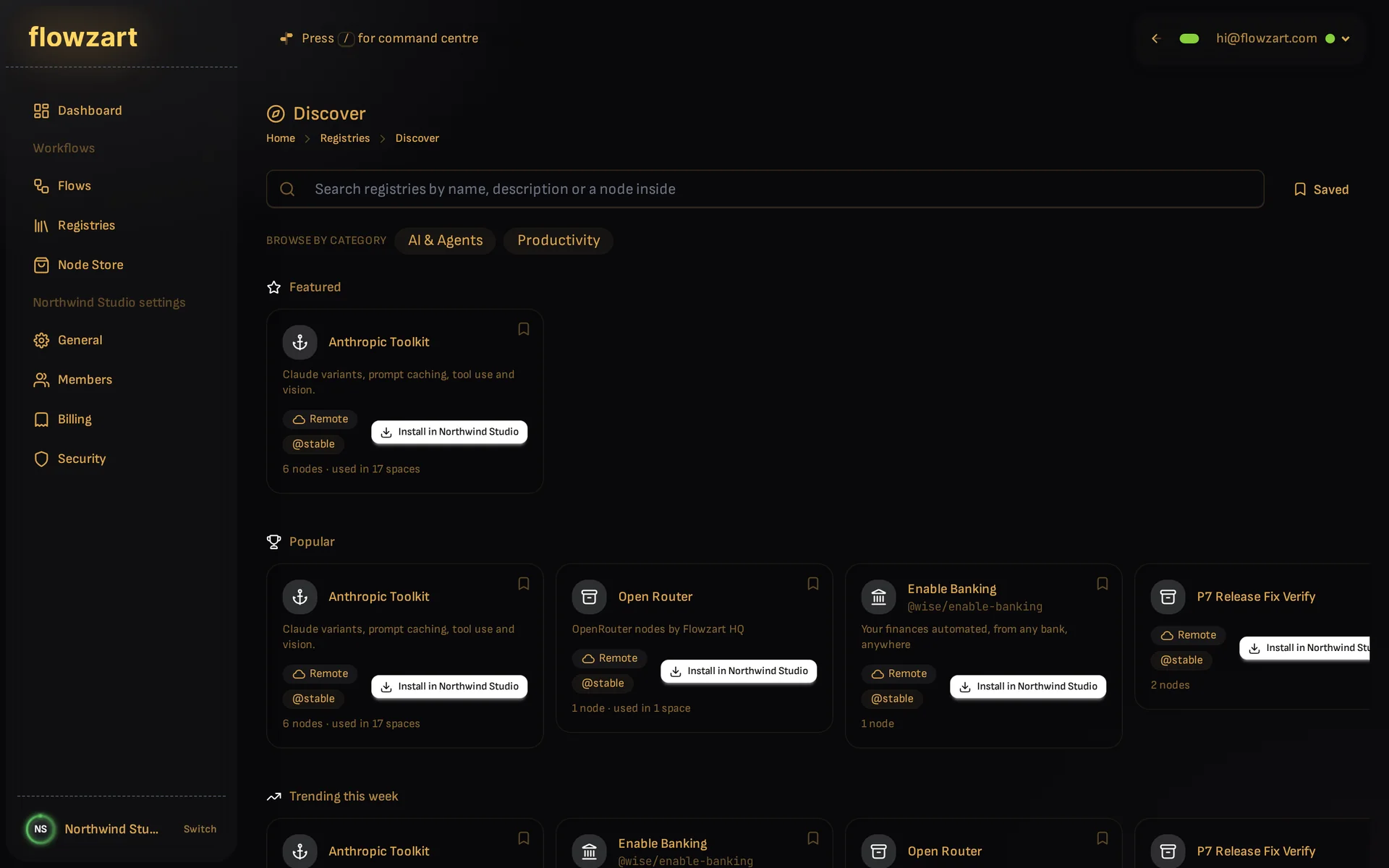 The Discover page of the Node Store with featured and popular registries.