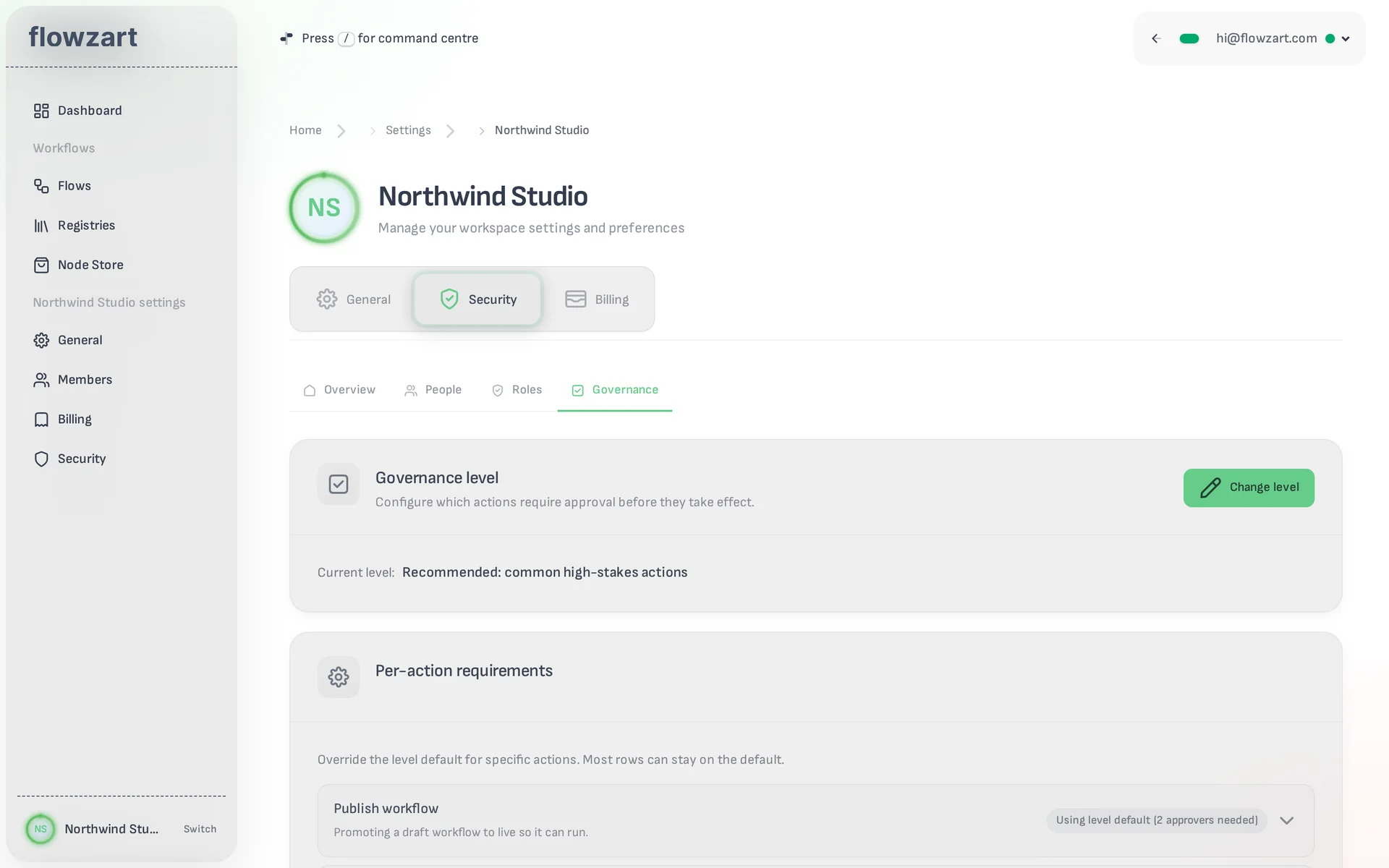 The governance settings of a space, with the governance level and the approvals it requires.