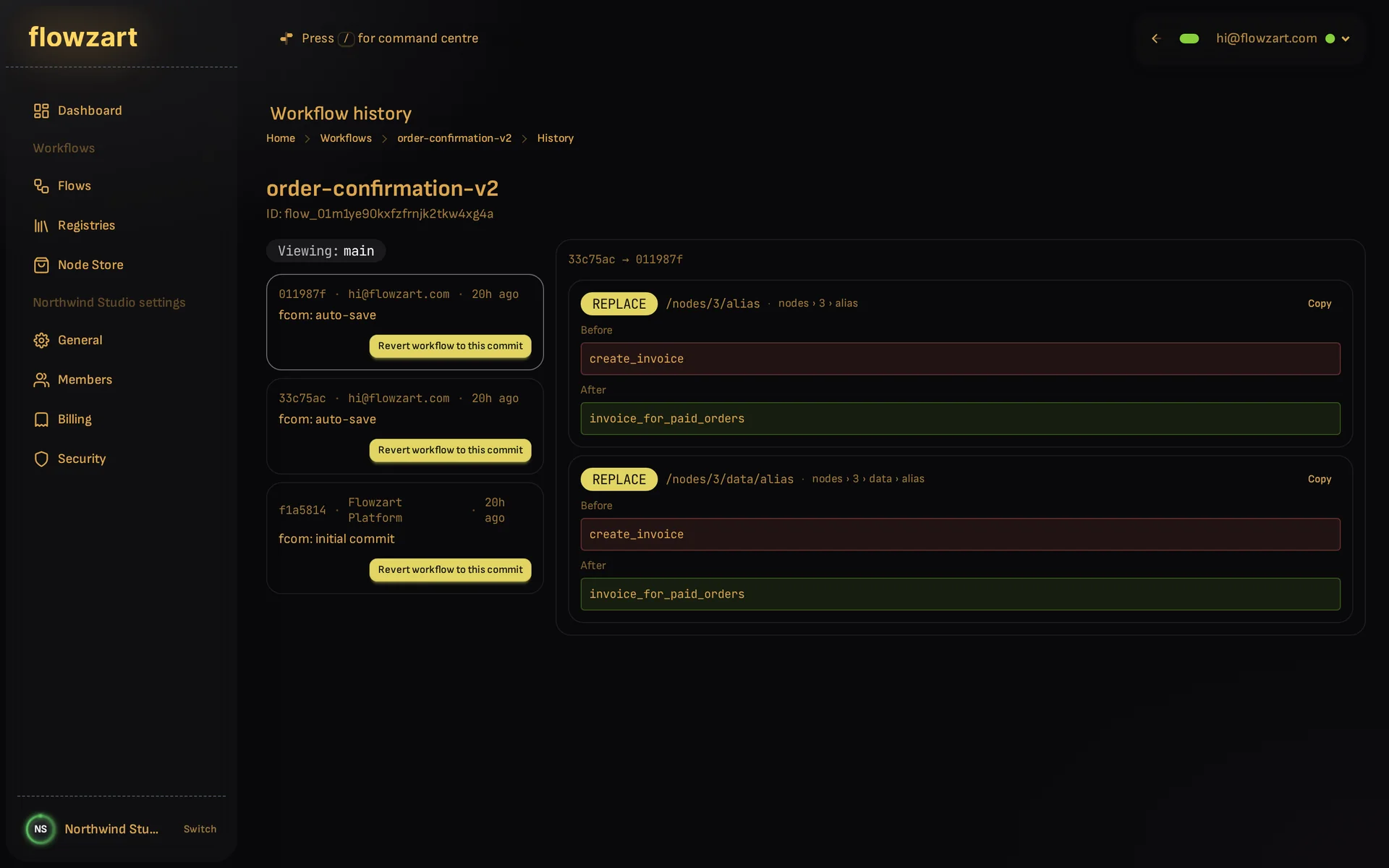 The history page with a commit selected and its diff listed field by field.