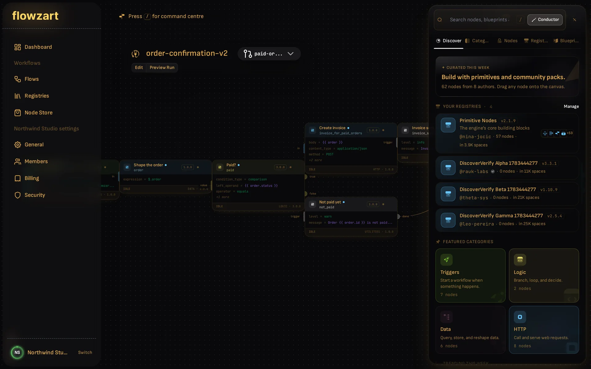 The nodes panel open beside the canvas, showing installed registries and featured categories.