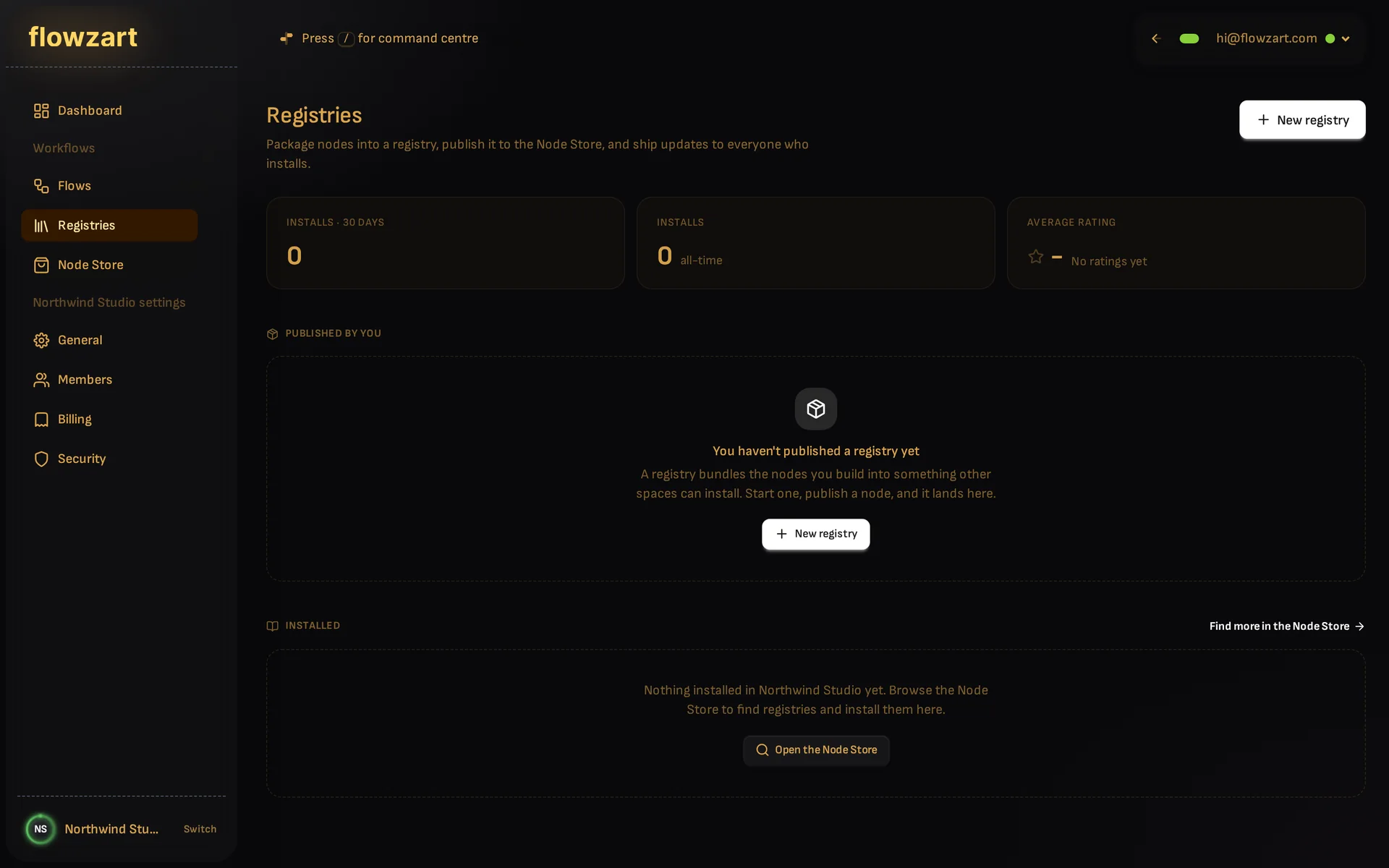 The Registries page of a space, with install counts and the registries it publishes.